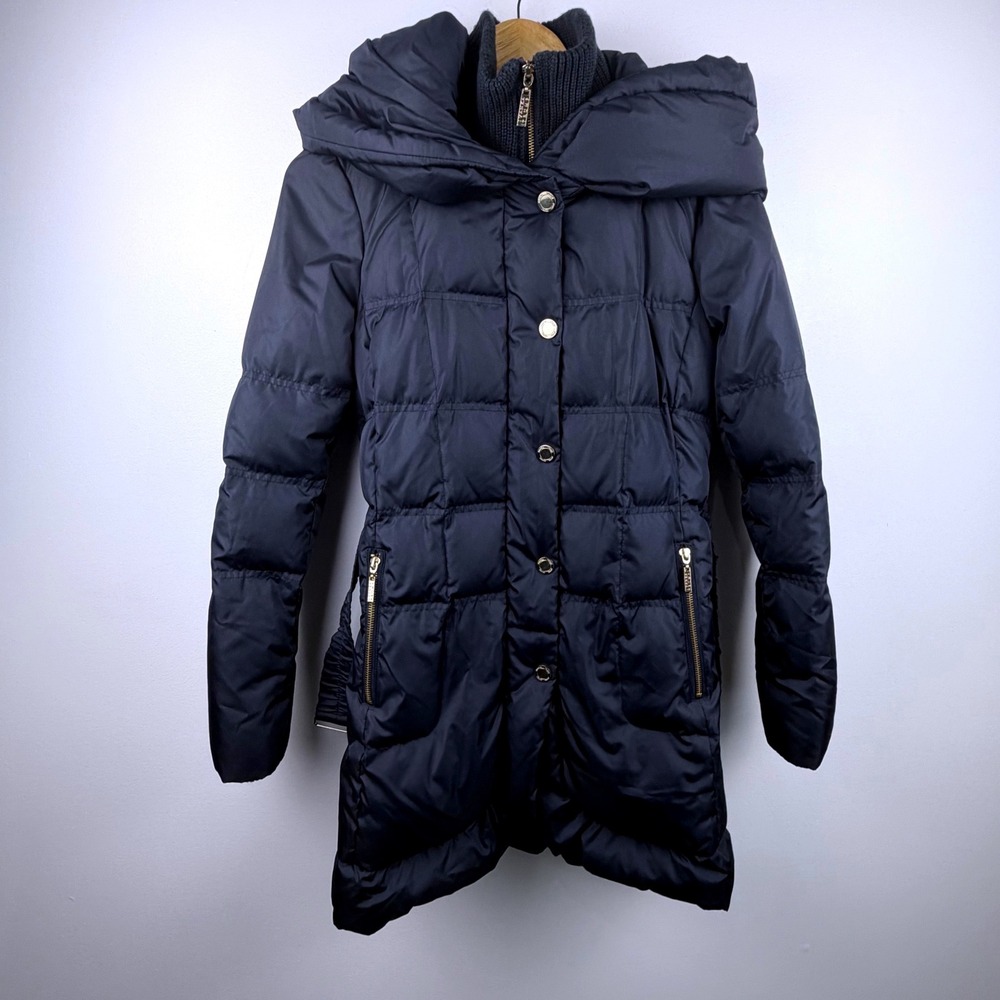 Ivanka Trump‎ Navy Blue Belted Hooded Down Puffer Coat XS Quilted Cozy Chic